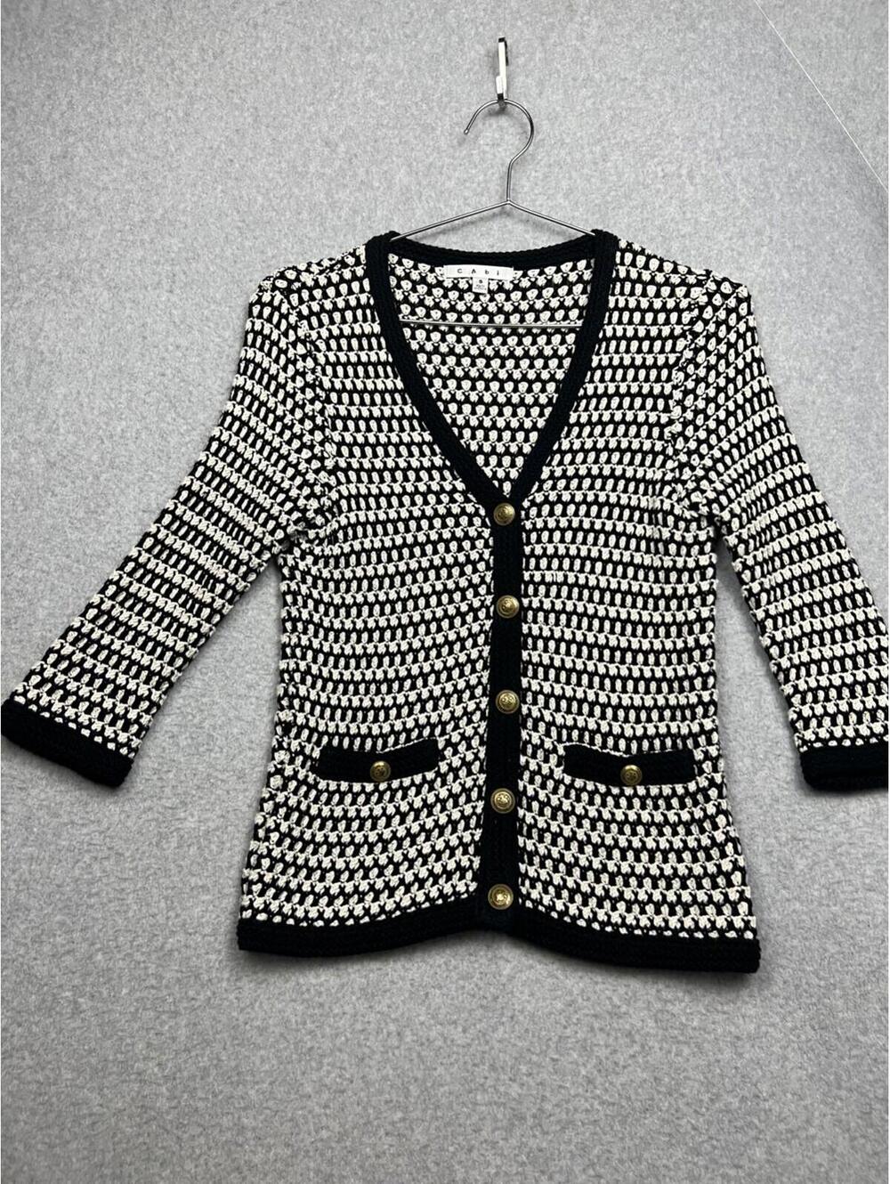 Cabi Coco Waffle Knit Cardigan Womens S Gold Button 3/4 Sleeve Preppy Casual